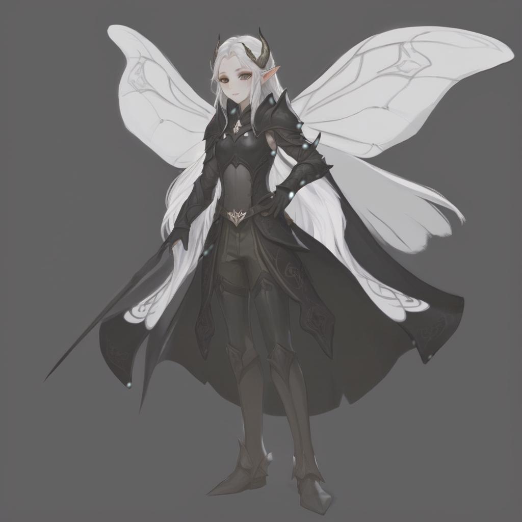  dnd, young , small black horns on the head, white skin, white hair, long hair in the tail, pointed elven ears, white wings of a moth, black leather armor, pearl on the , hkmagic