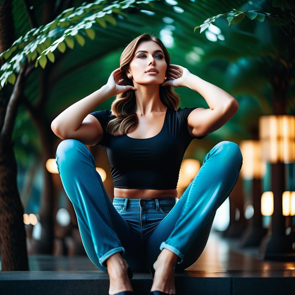  cinematic photo appetizing beautiful stands on her with her hands behind her head photo in a full length front side view . 35mm photograph, film, bokeh, professional, 4k, highly detailed