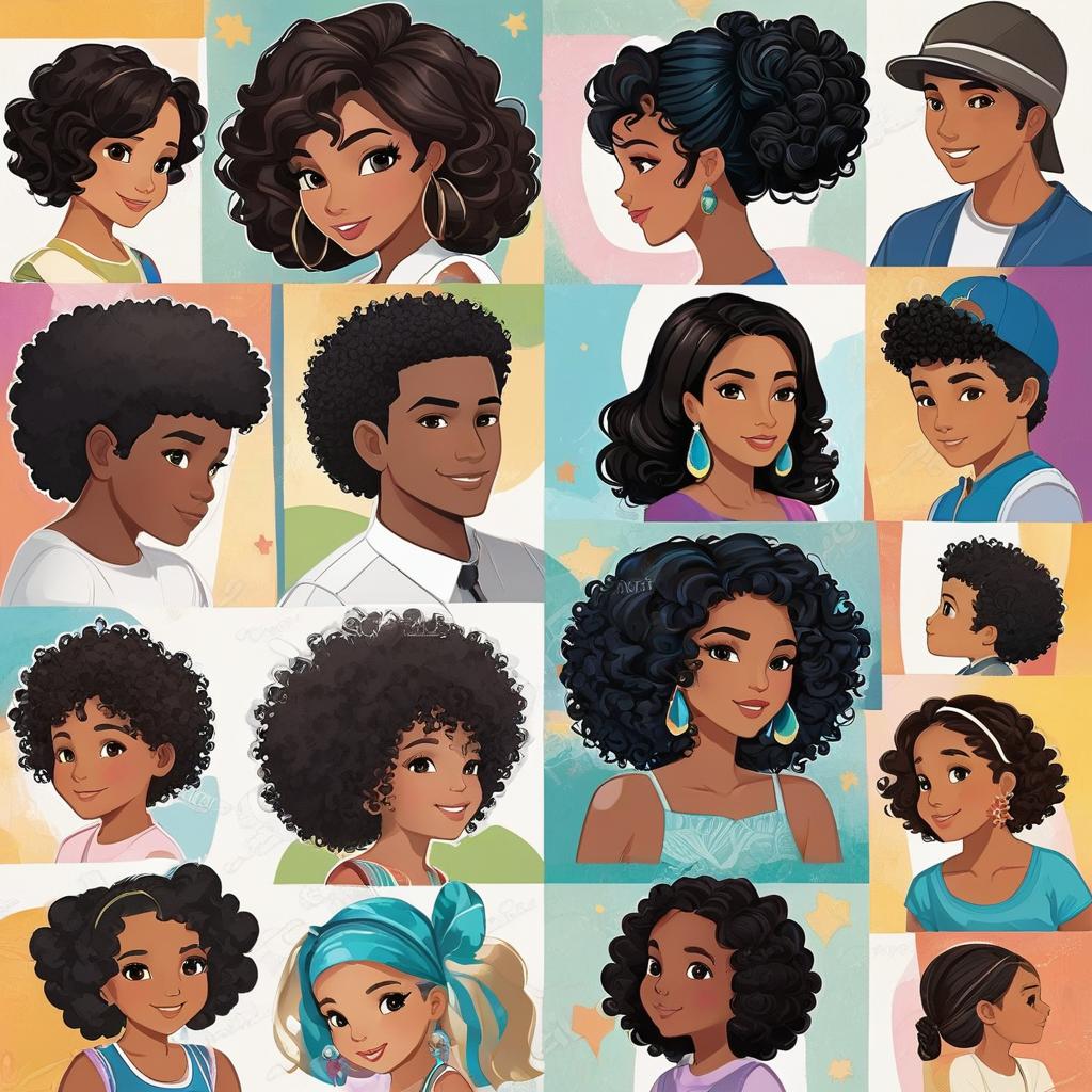  animated black curly hair below the shoulder mom hispanic with her kids being the boy the smallest age 4 and two girls age 6 & 8 and another daughter age 14 and the oldest boy age 16 with the children having straight hair all off them together, award winning, professional, highly detailed, masterpiece