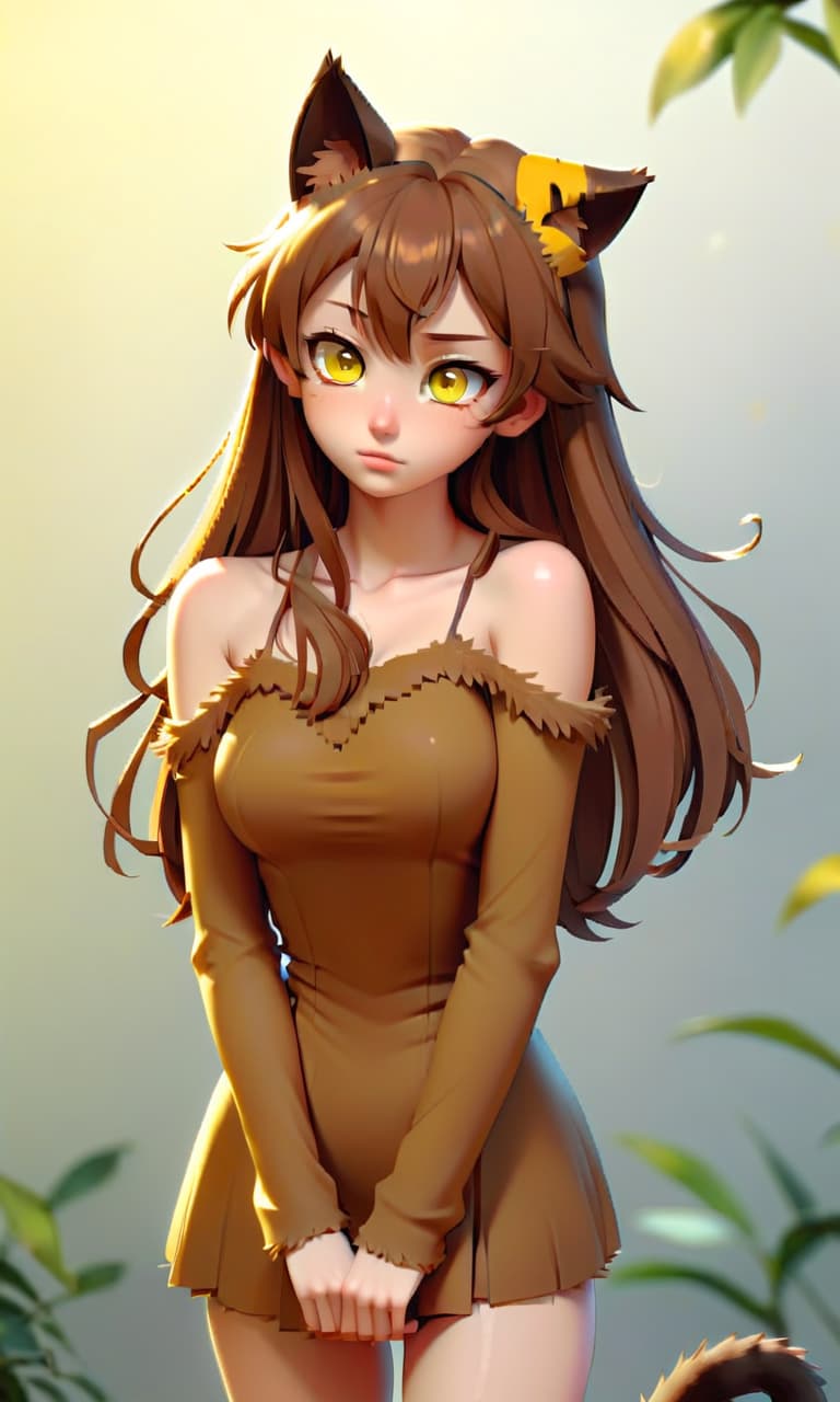  shy look, yellow eyes, brown hair, brown cat ears, naked