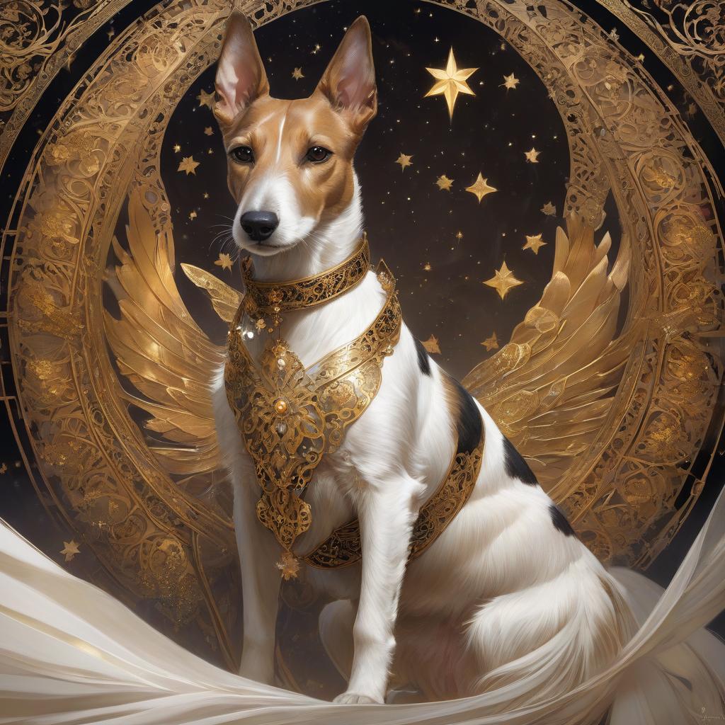  digital painting. ultra detailed beautiful ceremonial foxterrier breed dog up to chest half turned, concept art. brown eyes, in rich embellishments of understated bronze tones on head and chest. naturalistic, surreal. background black:: with mystical lighting, gold dust abstraction, gold stars. fine filigree gold threads, gemstones, openwork curls, rich intricate oriental style ornamentation. art nouveau, mudehar, renaissance, steampunk. alphonse mucha, andrew jones, jan frans van dael, winterhalter, portagna, louis toquet, tom bagshaw, greg rutkowski, charlie bowater. a sense of solemnity, luxury, mystery, enigma, fairy tale. highly detailed, hyper realistic, photorealistic, exceptional quality, 8k. translated with deepl.com (free version