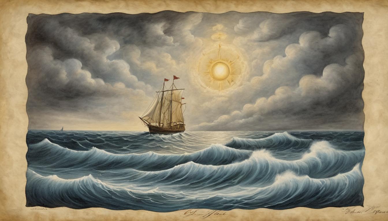  on parchment, surrealism++, a radiant beacon of light piercing through stormy clouds, illuminating a calm sea below, symbolizing hope and strength(mysterious, provocative, symbolic)++