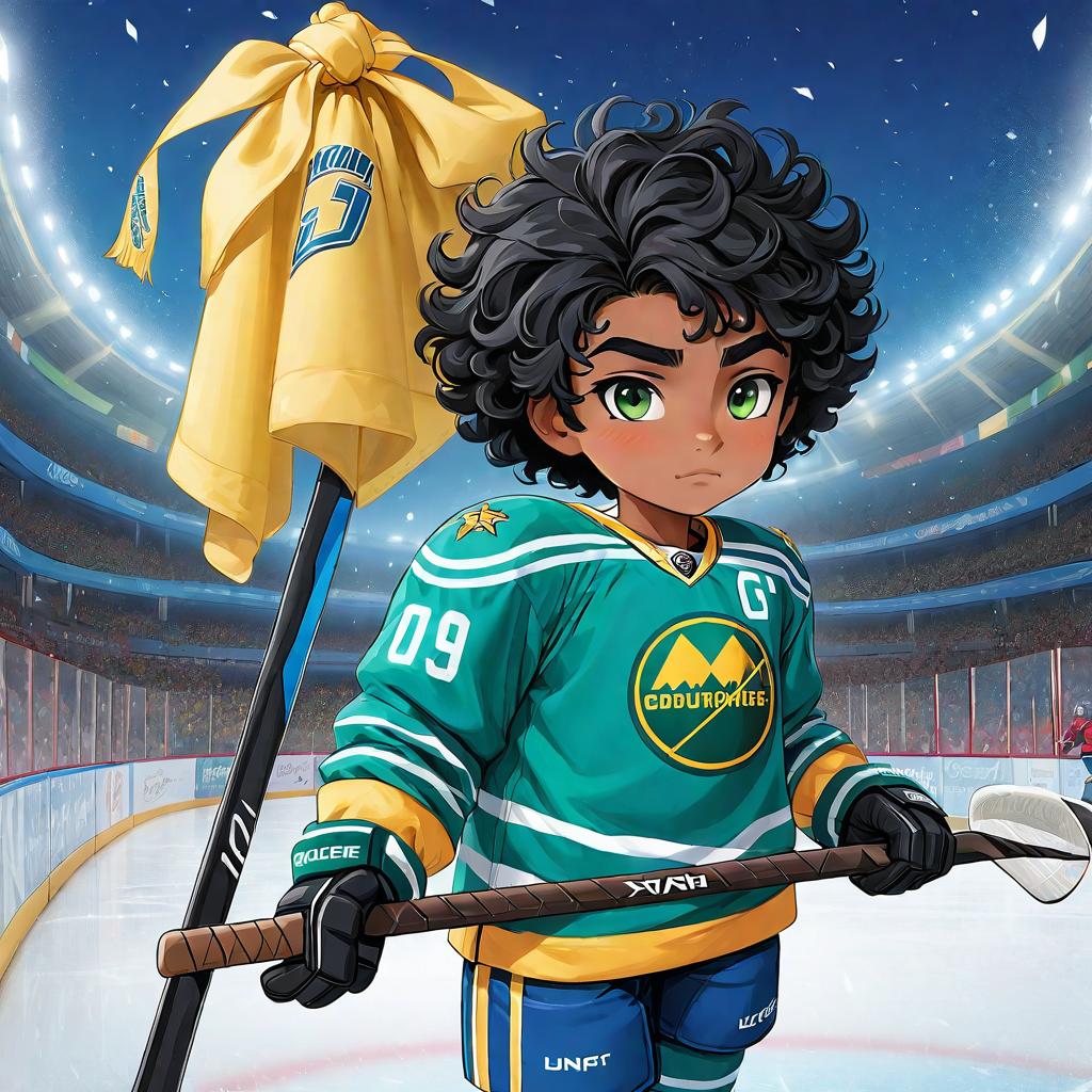  anime art very beautiful male hockey player, very curly black hair, black skin male, green sullen eyes, long black lashes, bow shaped lips, flat eyebrows, snub nose shape, scar on right cheek that goes to jaw, bridge nose piercing, hockey player, on ice rink, hockey stick, blue and yellow jersey, full body., award winning, professional, highly detailed, masterpiece