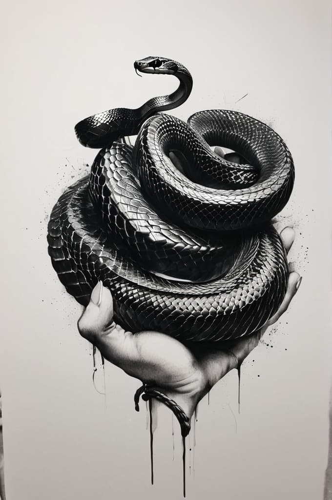  snake in hand, (tattoo sketch:1.25), drawing