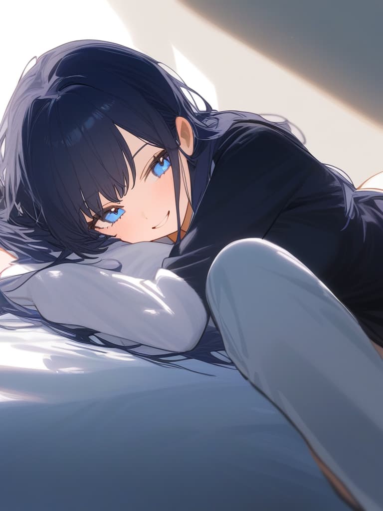  girl,long dark blue hair,bunny girl clothes,lying face down on the bed,facing towards you,black and blue eyes,left leg bent towards the hip,smiling naughtily.