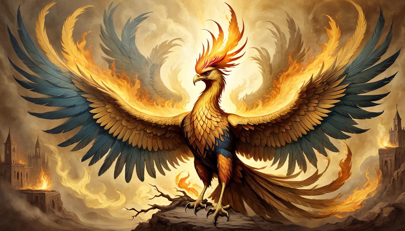  on parchment, surrealism+++, a phoenix rising from ashes, golden light, empowered, reawakened, triumphant(mysterious, provocative, symbolic,muted color)+++