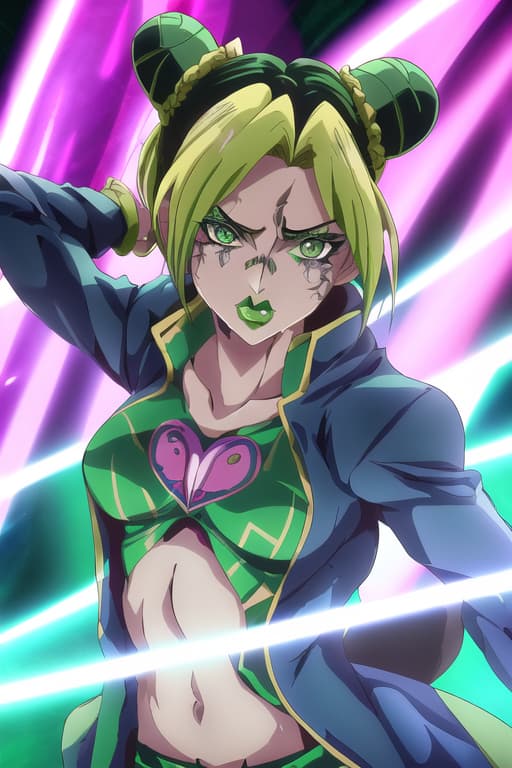  short demon women,jolyne anime, confident, ready to fight, creative shot, green eyes, green lips, perfect quality, (absurdres), 4k, masterpiece, lens flare, light rays, cute, (psychedelic background), illustration, (posing, modeling), ((anime screenshot)), professional lighting, posing for viewer, ((psychedelia, face focus, wind, detailed face)), coat, pants