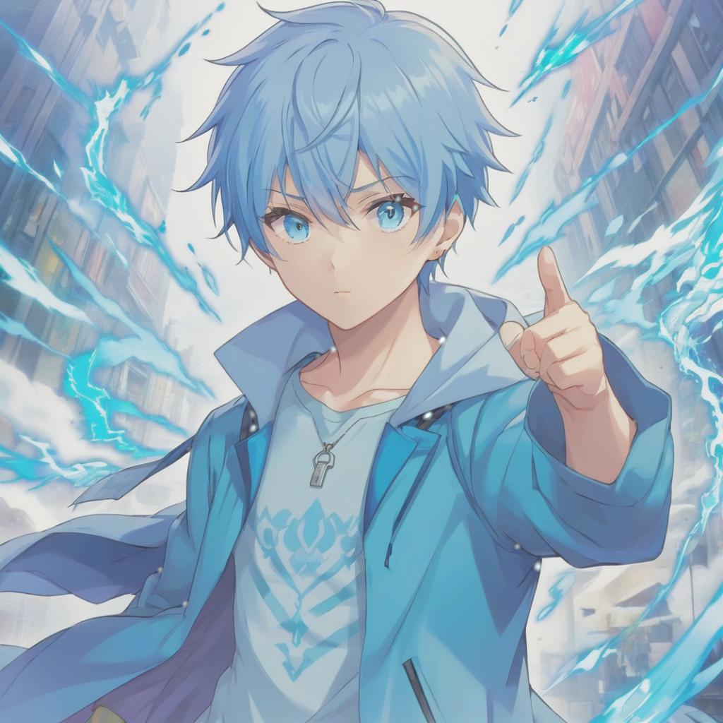  anime artwork a man, light blue coat, t shirt, blue short hair, light blue eyes . anime style, key visual, vibrant, studio anime, highly detailed