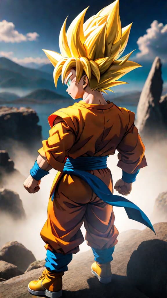  anime art of goten from dragon ball showcasing his groundbreaking super saiyan transformation at a young age. hyperrealistic, full body, detailed clothing, highly detailed, cinematic lighting, stunningly beautiful, intricate, sharp focus, f/1. 8, 85mm, (centered image composition), (professionally color graded), ((bright soft diffused light)), volumetric fog, trending on instagram, trending on tumblr, HDR 4K, 8K