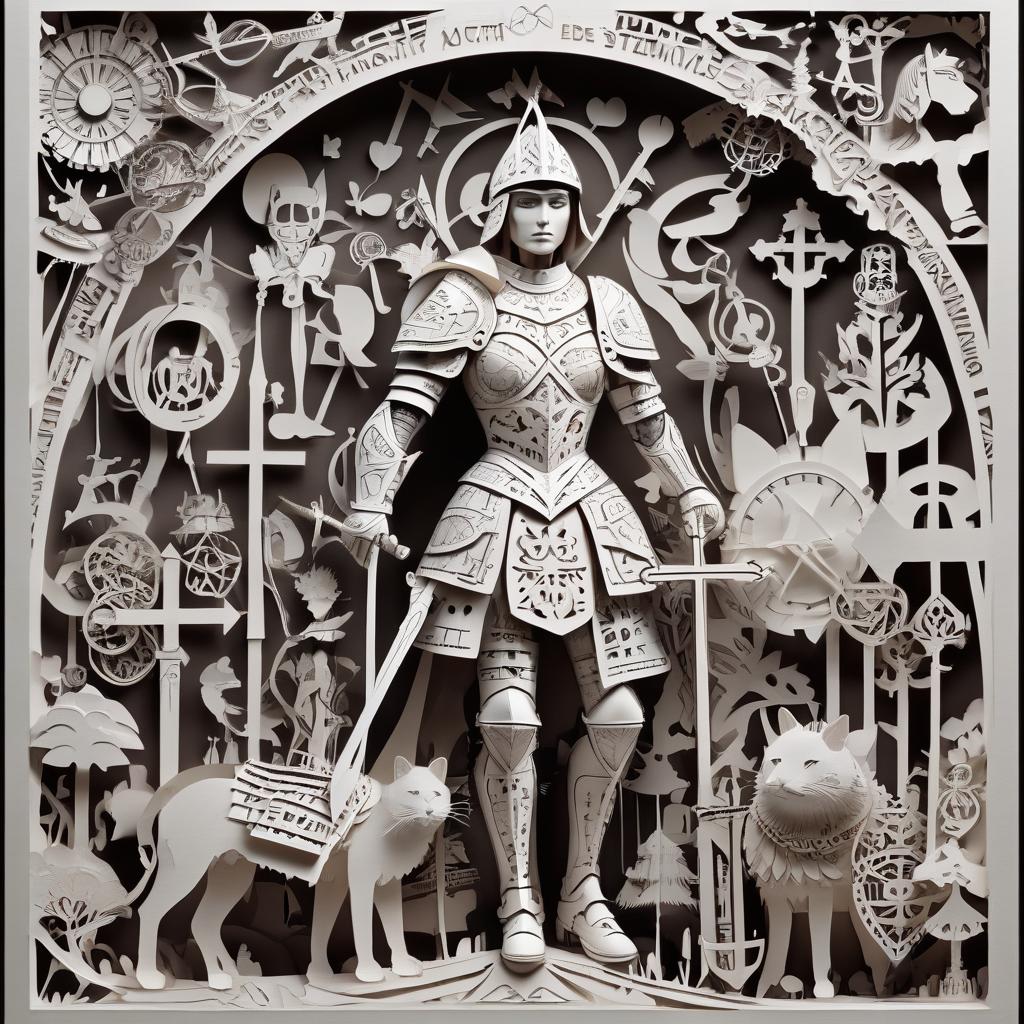  stacked papercut art of man in armor and symbols of card cross lady . 3d, layered, dimensional, depth, precision cut, stacked layers, papercut, high contrast