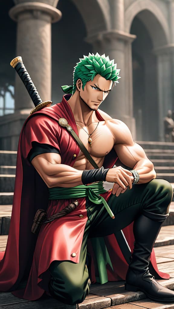  anime art: zoro's journey to surpass dracule mihawk with honor and relentless training in one piece. hyperrealistic, full body, detailed clothing, highly detailed, cinematic lighting, stunningly beautiful, intricate, sharp focus, f/1. 8, 85mm, (centered image composition), (professionally color graded), ((bright soft diffused light)), volumetric fog, trending on instagram, trending on tumblr, HDR 4K, 8K