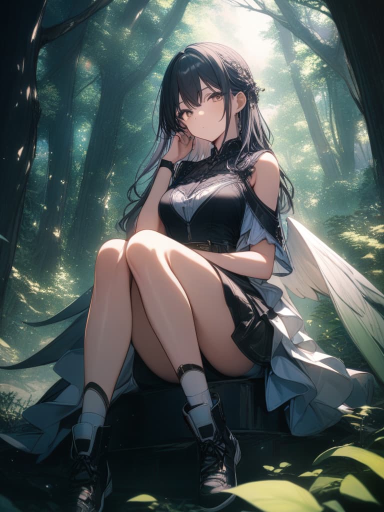  in the forest, sitting on your hands, girls, fairies, wings, masterpiece, best quality,8k,ultra detailed,high resolution,an extremely delicate and beautiful,hyper detail