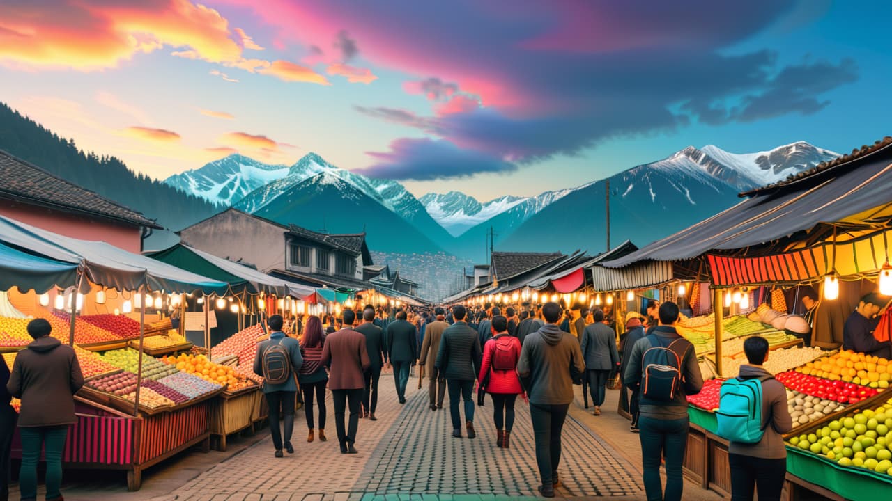  a vibrant scene of a bustling market in a picturesque city, filled with diverse travelers, colorful backpacks, street food stalls, and scenic mountains in the background, all under a bright blue sky. hyperrealistic, full body, detailed clothing, highly detailed, cinematic lighting, stunningly beautiful, intricate, sharp focus, f/1. 8, 85mm, (centered image composition), (professionally color graded), ((bright soft diffused light)), volumetric fog, trending on instagram, trending on tumblr, HDR 4K, 8K