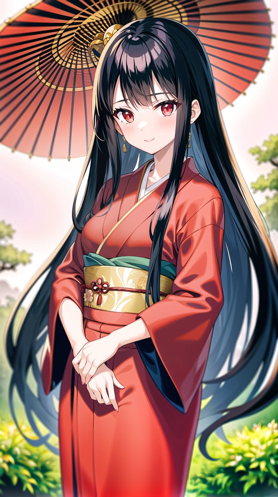  master piece , best quality,she has black hair with red mesh and wears kimono. he usually wears a white or light yellow kimono and a dark blue or purple hakama. the kimono is decorated with plants, trees, and animals of the four seasons, symbolizing the five elements.