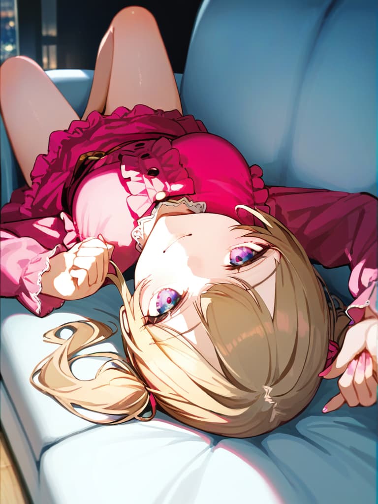  ultra detailed:1.2,masterpiece:1.2,best quality,masterpiece,bestquality,hdr:1.1,8k:1.1,very cute girl:1.3,(pink color,long sleeve frill dress:1.6),(lying on side:1.4),smile:1.4 ,(blonde hair,twintail,drill hair:1.3) ,(on the couch:1.7),upper body:1.3,dutch angel:1.5,close mouth,(upside down:1.7)(from above:1.1)((eyes highlight:1.1))