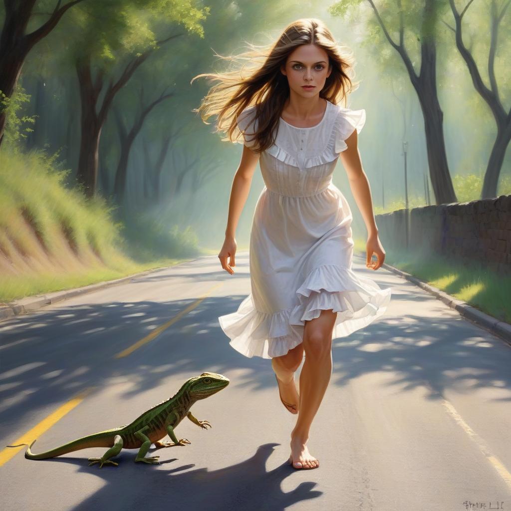  hyperrealistic art a young , slim, brown long hair, green eyes, a white dress with ruffles to the knee, without shoes, lizards run from the legs of the , an asphalt road among the trees, glare of light, the rays of the sun through the trees, lizards . extremely high resolution details, photographic, realism pushed to extreme, fine texture, incredibly lifelike, perfecteyes, oil painting