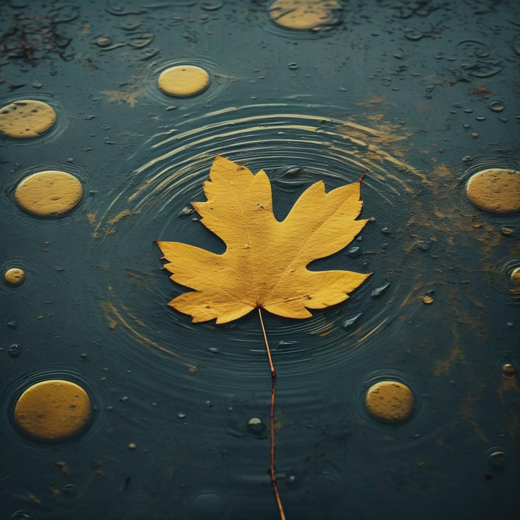  grunge style water surface, drop above water, circles on water, autumn, yellowed leaf in water . textured, distressed, vintage, edgy, punk rock vibe, dirty, noisy