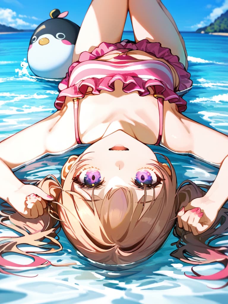  ultra detailed:1.2,masterpiece:1.2,best quality,masterpiece,bestquality,hdr:1.1,8k:1.1,very cute girl:1.3,(pink color,frill ,swimwear:1.6),(lying,at striped float bed on sea:1.8) ,smile:1.4 ,(blonde hair,twin tail,drill hair:1.3) ,(on the sea:1.7),upper body:1.3,dutch angel:1.5,open mouth,(upside down:1.7)(from above:1.1)((eyes highlight:1.1))