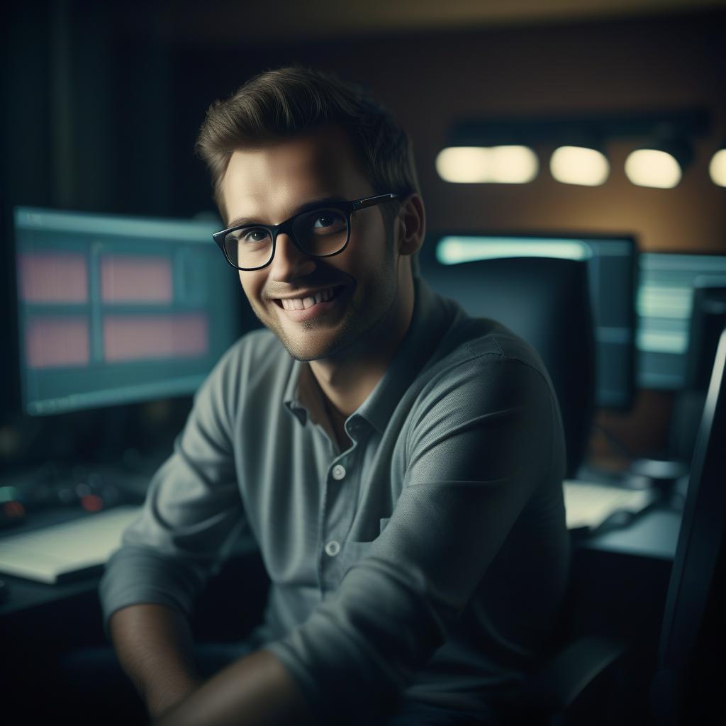  cinematic film still programmer, sitting on the right side behind the monitor, close up, photorealism, cinema, company, business, smiling, . shallow depth of field, vignette, highly detailed, high budget, bokeh, cinemascope, moody, epic, gorgeous, film grain, grainy