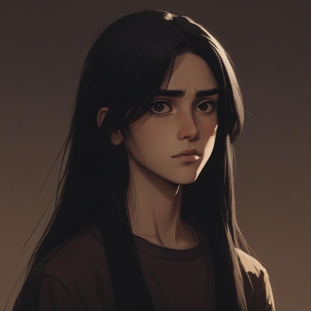  the image shows a character with long black hair and large brown eyes. the background of the picture is made in warm, neutral colors, which creates a contrast with the dark clothes of the character. the facial expression looks serious and thoughtful, which gives it character and depth. the image style resembles pixel or cartoon graphics, which adds an element of playfulness.