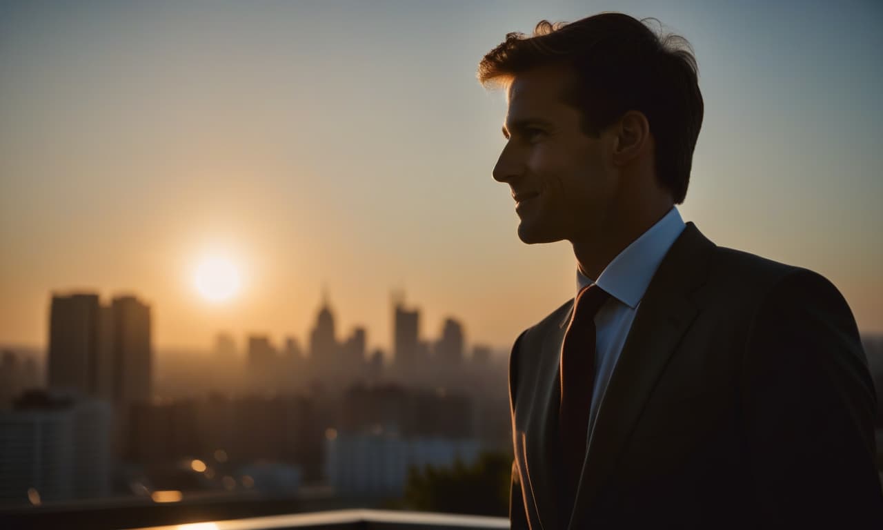  cinematic film still sunrise in the background, a piece of sun is visible, in the foreground a man in a suit, a slight smile, a close up face, photorealism, in the background the silhouette of the city in a blurred focus is slightly dark. . shallow depth of field, vignette, highly detailed, high budget, bokeh, cinemascope, moody, epic, gorgeous, film grain, grainy