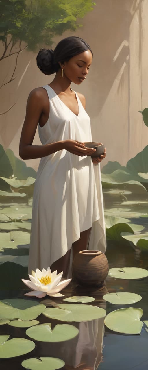  minimalism, a beautiful black woman with brown skin. she stands divinely in a lotus flower pond. she has a clay pot in her hand. she pours water from the clay pot into the pond. the atmosphere is calm and serene, abstract, simple geometic shapes, hard edges, sleek contours, minimalism