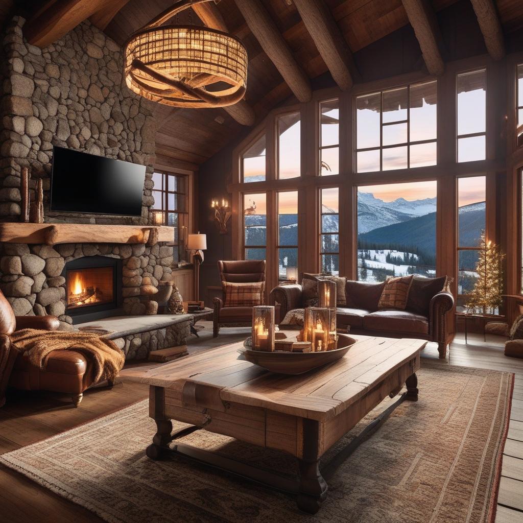  create a detailed image of a cozy, rustic living room in a mountain cabin. the room features a large stone fireplace with a roaring fire, wooden beams on the ceiling, and large windows overlooking a snowy landscape. the furniture includes a comfortable leather sofa with plaid blankets, a wooden coffee table with a few books and a steaming mug of hot cocoa, and a soft rug on the floor. the lighting is warm and inviting, with a few candles and a chandelier made of antlers. hyperrealistic, full body, detailed clothing, highly detailed, cinematic lighting, stunningly beautiful, intricate, sharp focus, f/1. 8, 85mm, (centered image composition), (professionally color graded), ((bright soft diffused light)), volumetric fog, trending on instagram, trending on tumblr, HDR 4K, 8K