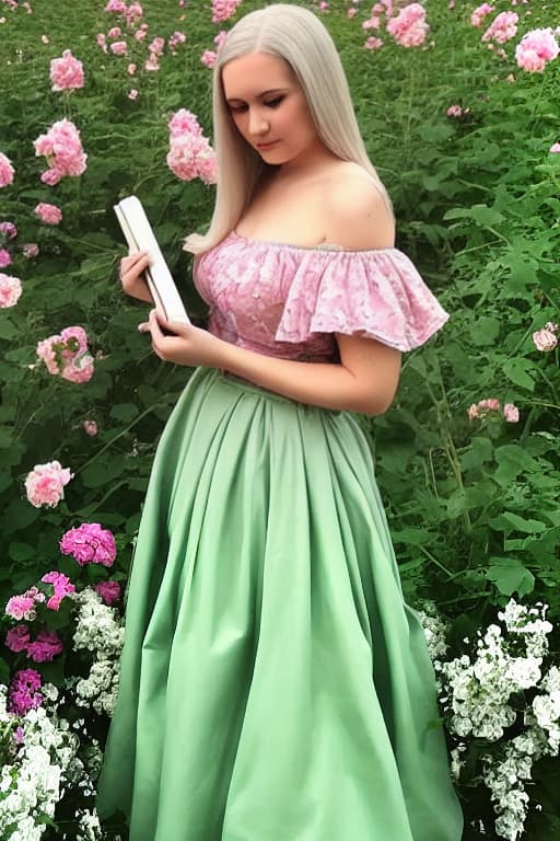 hasbulla person A young woman with light pink hair and green eyes. Her hair is very long and straight. Her hair is parted in the middle. She is holding a book. She is standing in a flower garden. She is wearing an off-shoulder ballgown.