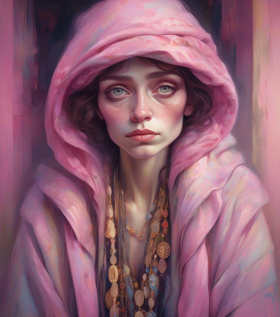  concept art oil painting portrait fashionable homeless woman, by gustav klimt, sad, romantic, breathtaking, by anna dittman, by gustav klimt, pink . digital artwork, illustrative, painterly, matte painting, highly detailed