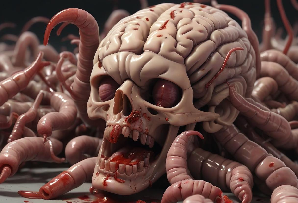  brain, maggots crawling, horror, blood