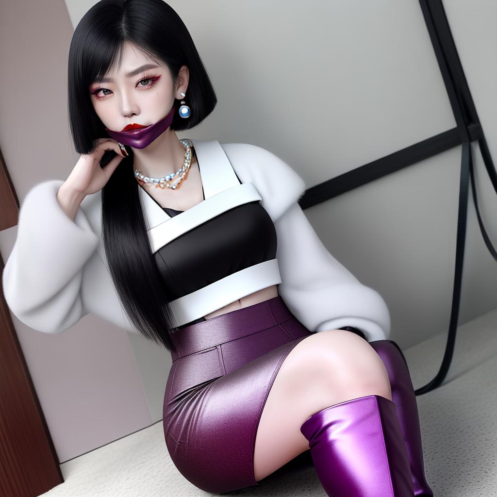  masterpiece, best quality, asian female,solo,house,longeyelashes, hips,thin waist,matt lipstick,rolling eyes,embarred,anger vein,nervous,confused, face,drooling,hair over shoulder,pale skin,black hair,bob hair,ring,jewelry,necklace,pearl celet,knee boots,torn and plum-colored , top,look at viewer,bound and gagged,,having an 