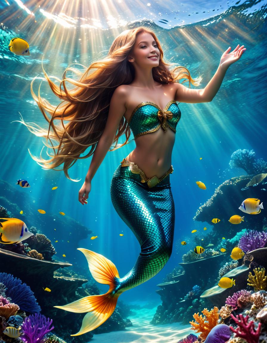  mermaid, swimming gracefully in the ocean, serene, break an enchanting mermaid with a blonde hair and a fish tail, underwater kingdom, seashells, corals, and colorful fishes, break magical and tranquil, glistening water and rays of sunlight filtering through the ocean surface,