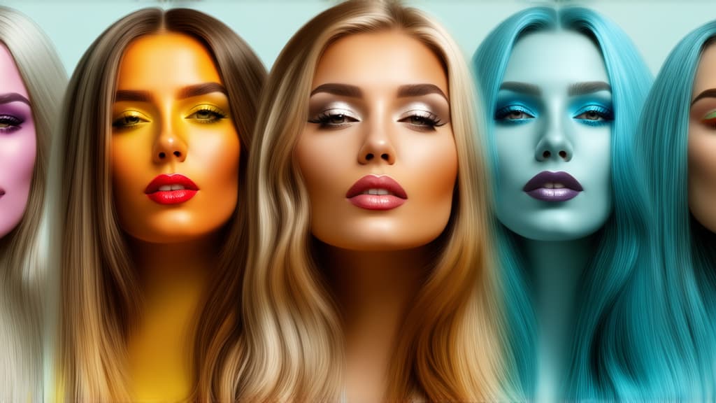  different beauty. set of different female heads with bright makeup on a light background. ar 16:9, (natural skin texture), highly detailed face, depth of field, hyperrealism, soft light, muted colors