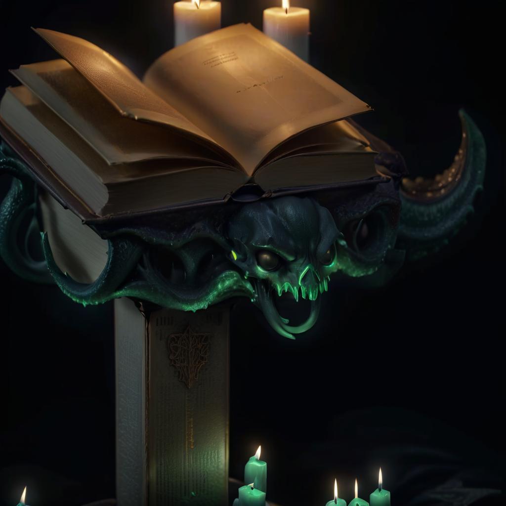  professional 3d model candles lit up in the shape of a book and a demon's head dark horror cthulhu pedestal and some candles are lit up on top of an open book . octane render, highly detailed, volumetric, dramatic lighting, civitai