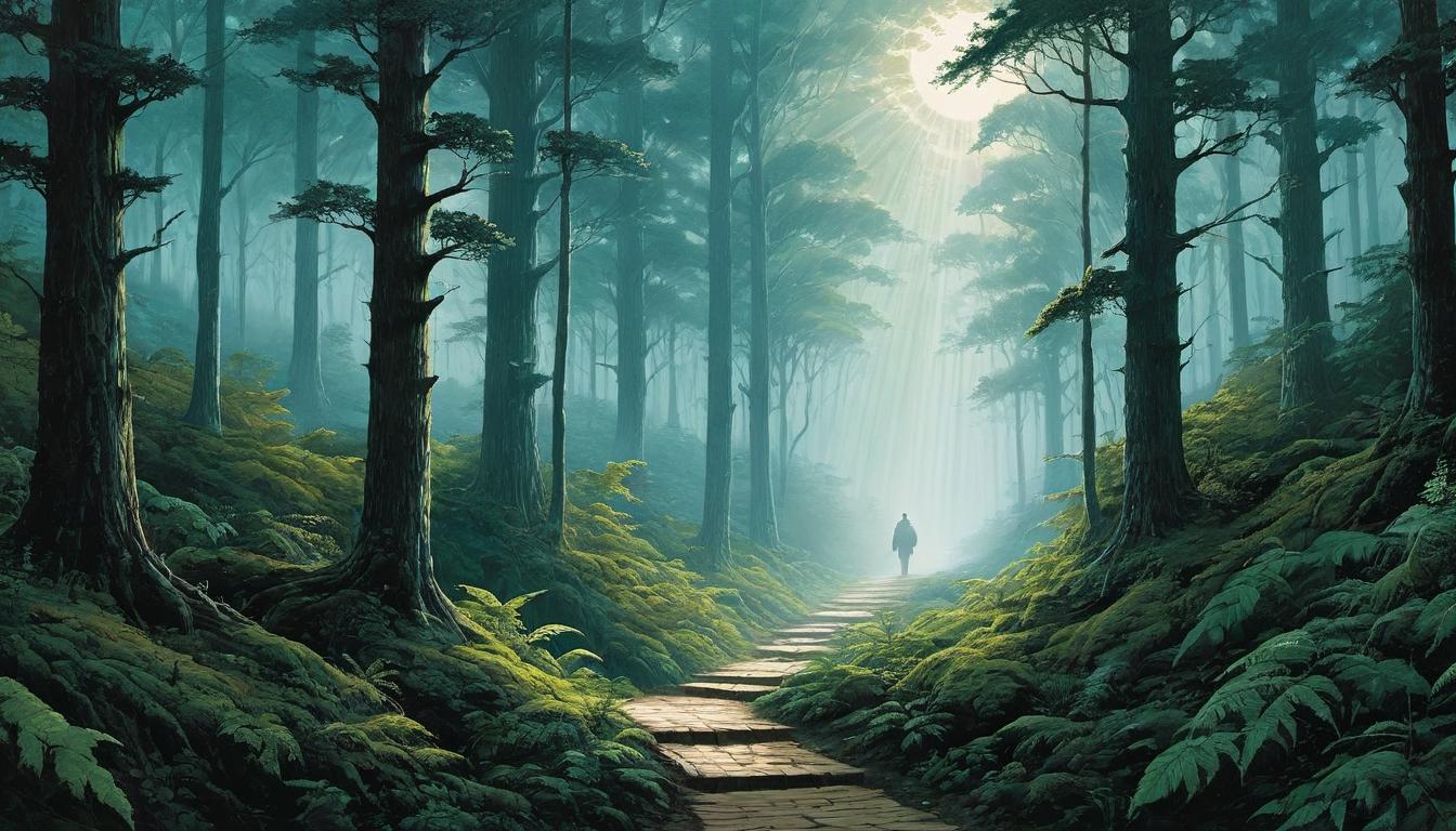  （surrealism)a trailblazer carving a path through a dense forest, light breaking through, discovery, leading mystic, intricate details, best quality)