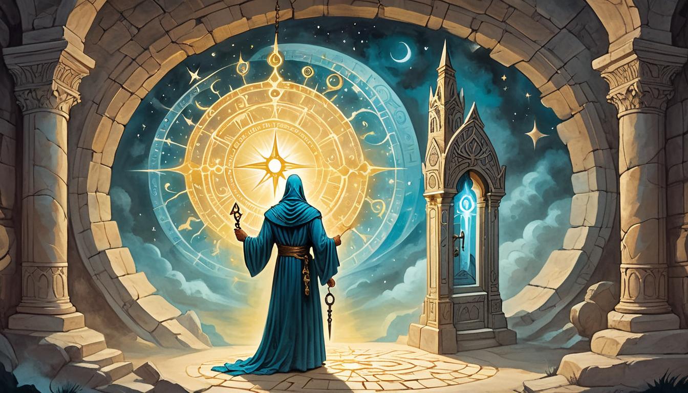  on parchment, surrealism+++, mystic figure unlocking a shining portal with an arcane key, steps into an enlightening realm, unlocking secrets, unfiltered insights(mysterious, provocative, symbolic,muted color)+++