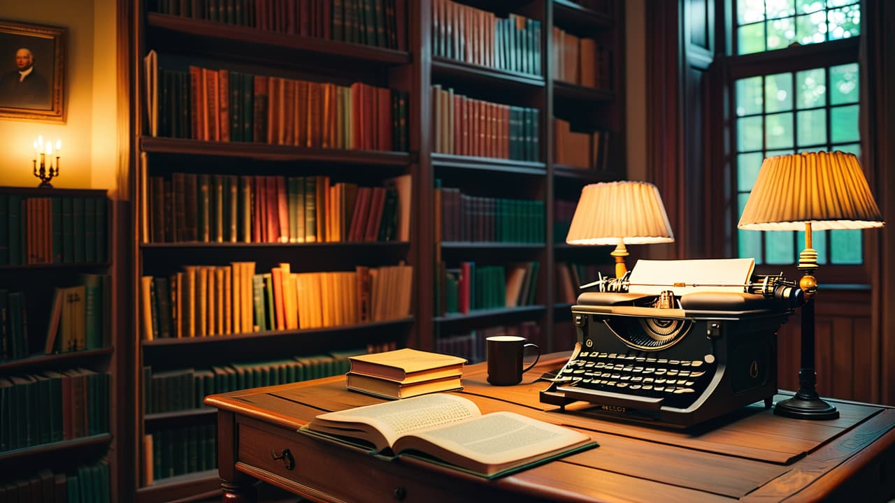  a cozy, dimly lit library filled with towering shelves of books, a vintage typewriter on a polished wooden desk, and an open historical novel with yellowed pages, surrounded by soft candlelight and a globe. hyperrealistic, full body, detailed clothing, highly detailed, cinematic lighting, stunningly beautiful, intricate, sharp focus, f/1. 8, 85mm, (centered image composition), (professionally color graded), ((bright soft diffused light)), volumetric fog, trending on instagram, trending on tumblr, HDR 4K, 8K