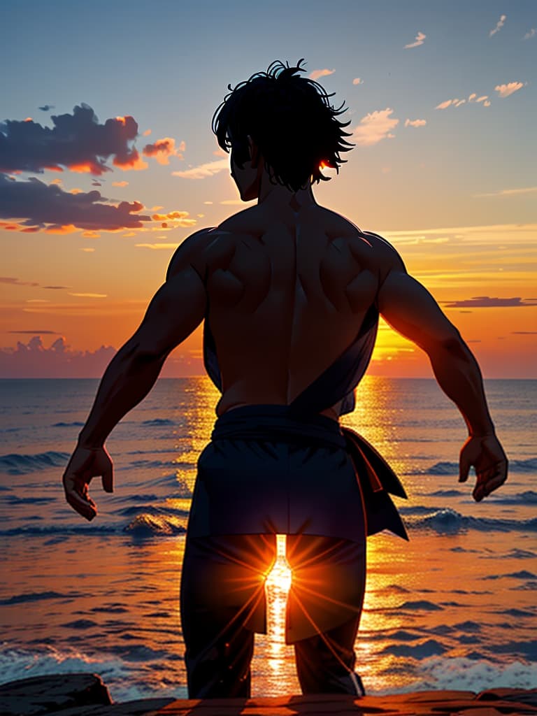  Close up of the silhouette of a man doing Thai Chi on a cliff overlooking the ocean with a sunrise in the background. RAW, realistic