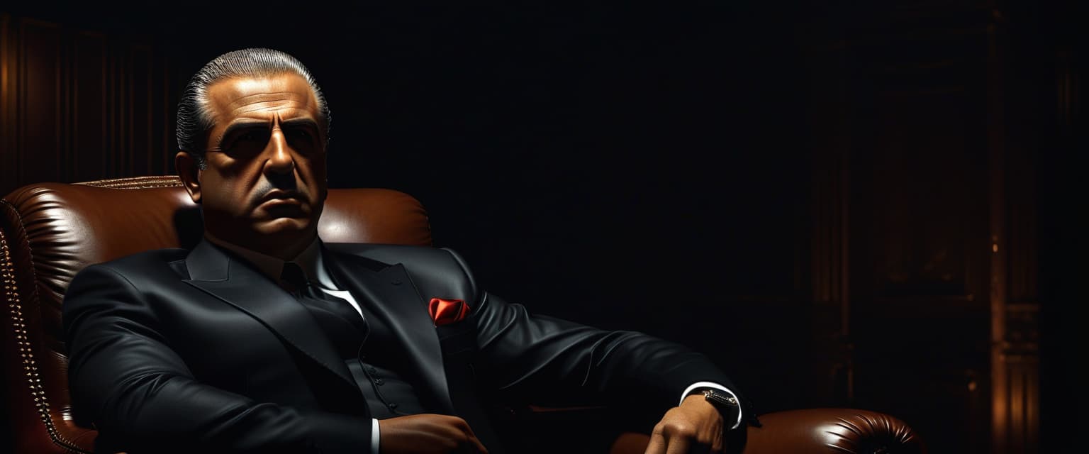  hyperrealistic art the head of the sicilian mafia is sitting in a luxurious armchair in a luxurious room in semi darkness . extremely high resolution details, photographic, realism pushed to extreme, fine texture, incredibly lifelike