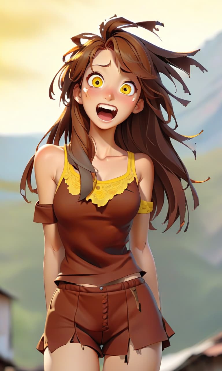  torn clothes, joyful look, yellow eyes, brown hair, brown ears, underwear