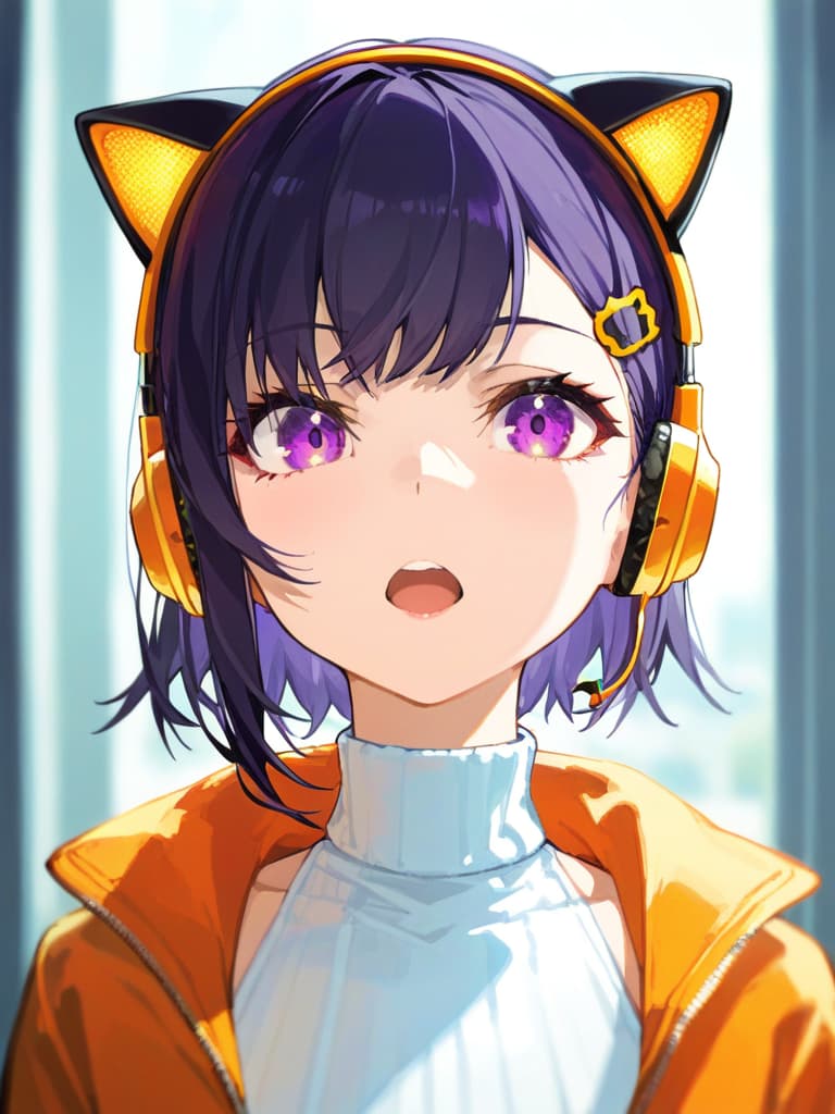  (black cat ear headphones: 1.2), masterpiece, open mouth, best quality, close up, from front, medium hair, (purple eyes: 1.4) g, orange overside jacket, (shoulder glass: 1.2), (white turtleneck: 1.1), (hair pin: 1.3)