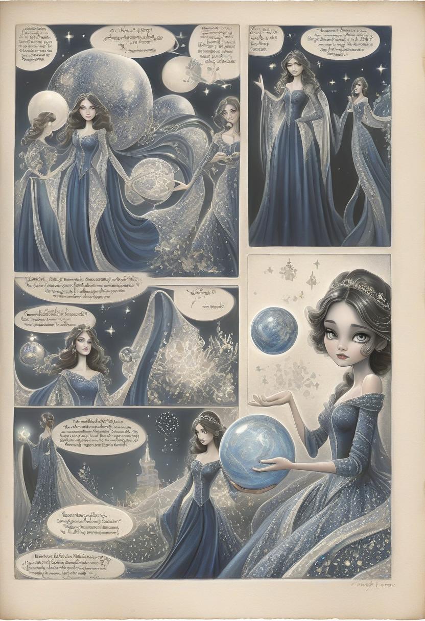  fairy tale enchantress in dark blue shimmering evening dress with airy long sleeves holding a small planet. her dark wavy hair is loose. photorealism. looking directly into the camera. . magical, fantastical, enchanting, storybook style, highly detailed, hkmagic, perfect hands