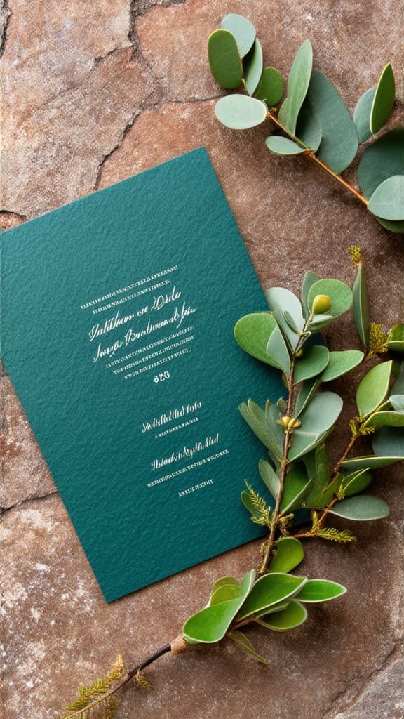  eucalyptus branches on a rough stone surface top view. wediing invitation card mockup. ar 9:16 {prompt}, maximum details