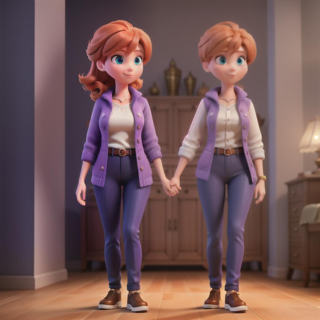  A orange haired girl holding hands with a shorter purple haired boy hyperrealistic, full body, detailed clothing, highly detailed, cinematic lighting, stunningly beautiful, intricate, sharp focus, f/1. 8, 85mm, (centered image composition), (professionally color graded), ((bright soft diffused light)), volumetric fog, trending on instagram, trending on tumblr, HDR 4K, 8K