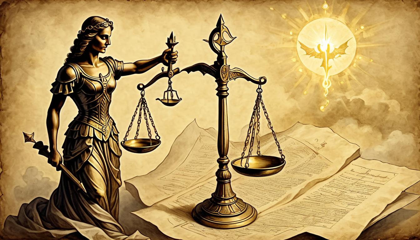  on parchment, surrealism+++, golden scales of justice, tilted towards one side, glowing light surrounding the scales, divine intervention(mysterious, provocative, symbolic,muted color)+++