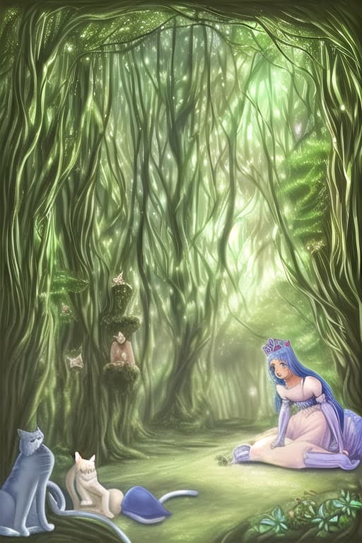  Lifelike Princess with cats in a magical forest room
