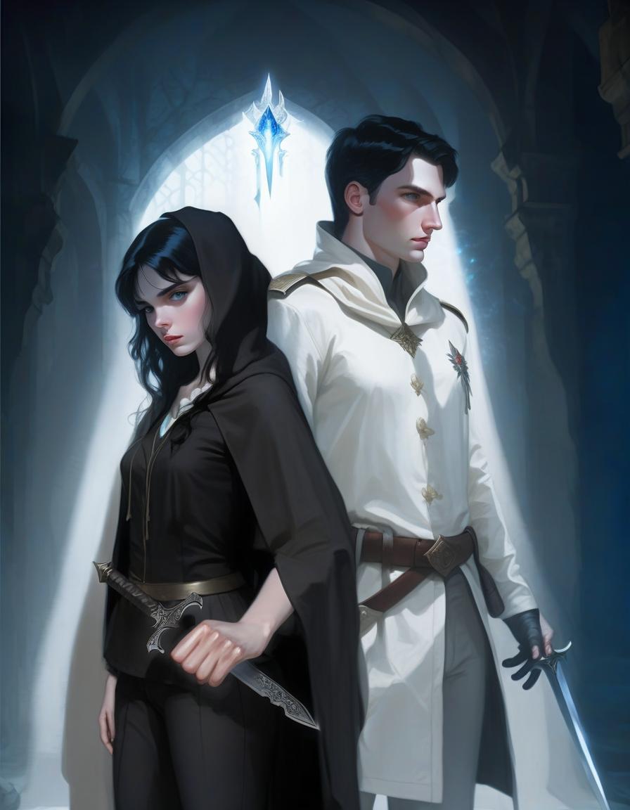  a girl and a man are standing in the center of the composition, back to back. the man is on the right, the girl is on the left. side view. the man is dressed in a white military dress uniform, holding a sword in his hand. the girl is dressed in black pants, a white shirt and a hooded cloak. the man has short black hair, the girl has long, slightly wavy black hair. the girl is holding a dagger in her left hand, her right hand is raised up in a magical gesture. the light falls from the upper right corner, the shadow of the man falls on the girl. the background is dark. a blue crystal glows on the girl's neck. fantasy. middle ages. pale skin, hkmagic