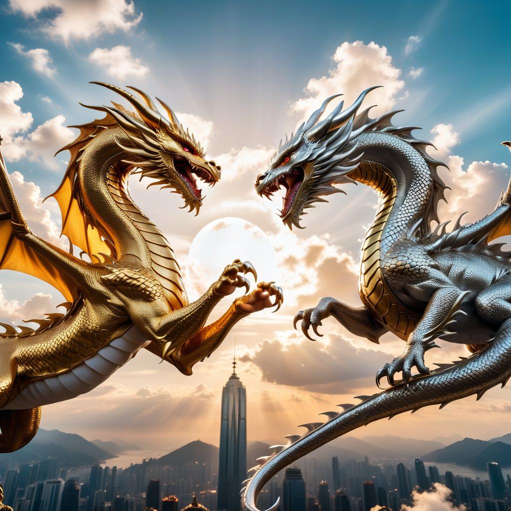  cinematic photo a golden dragon and a silver dragon fight in the sky . 35mm photograph, film, bokeh, professional, 4k, highly detailed, civitai, hkmagic