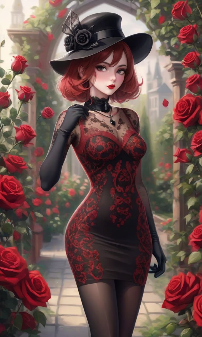  the girl is beautiful in a black and red tight transparent dress with patterns, black tights, black gloves, a black necklace with rubies, a black hat with red roses. elegant aristocrat, realistic body, realistic clothes. in the flower garden among black and red roses.