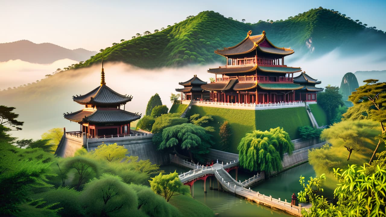  @ image prompt: a picturesque landscape depicting ancient chinese architecture, such as pagodas and temples, surrounded by lush greenery and mountains, with a serene river flowing nearby, capturing the essence of china's rich cultural heritage. hyperrealistic, full body, detailed clothing, highly detailed, cinematic lighting, stunningly beautiful, intricate, sharp focus, f/1. 8, 85mm, (centered image composition), (professionally color graded), ((bright soft diffused light)), volumetric fog, trending on instagram, trending on tumblr, HDR 4K, 8K